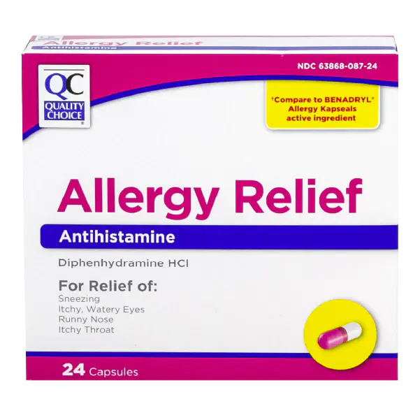 Quality Choice Allergy Relief Capsules, Antihistamine, Diphenhydramine HCI - 24 CT